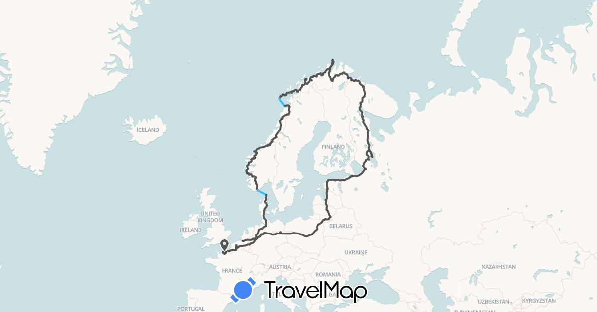 TravelMap itinerary: boat, motorbike in Germany, Denmark, Estonia, Finland, France, Lithuania, Latvia, Norway, Poland, Russia (Europe)